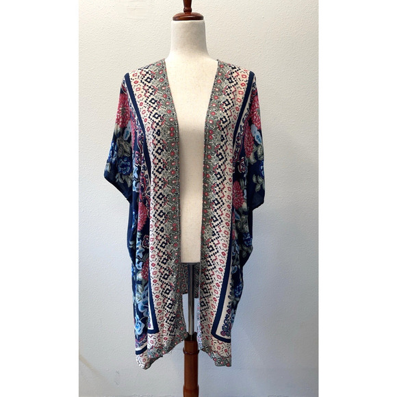 Angie Kimono Wrap Cardigan Womens Size S Blue Floral Open Front - Picture 2 of 7